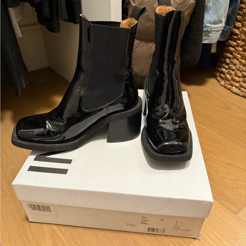 Ganni Black Patent Leather Ankle Boots